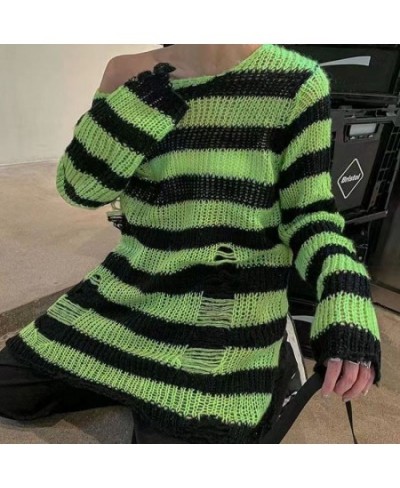 New Punk Gothic Long Unisex Sweater Summer Women Striped Cool Hollow Out Hole Broken Jumper Loose Rock Thin Dark Streetwear T...