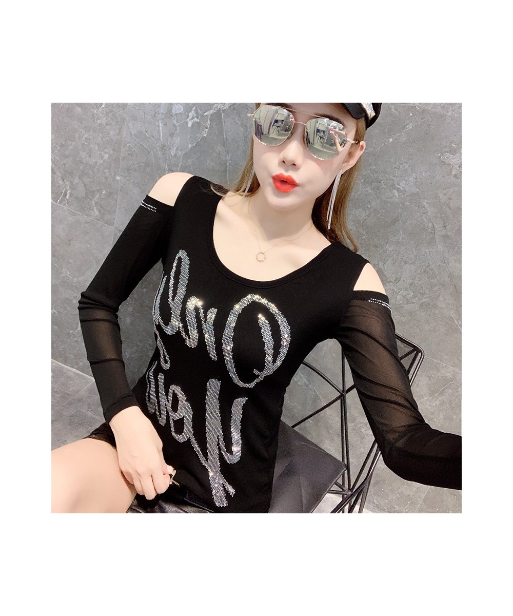 Black Red Off Shoulder T Shirt For Women Diamonds Sexy Backless Long Sleeve T Shirt Hollow Out Basic Mesh Tops Female Thin $3...