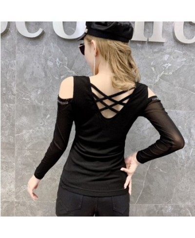 Black Red Off Shoulder T Shirt For Women Diamonds Sexy Backless Long Sleeve T Shirt Hollow Out Basic Mesh Tops Female Thin $3...