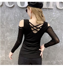 Black Red Off Shoulder T Shirt For Women Diamonds Sexy Backless Long Sleeve T Shirt Hollow Out Basic Mesh Tops Female Thin $3...