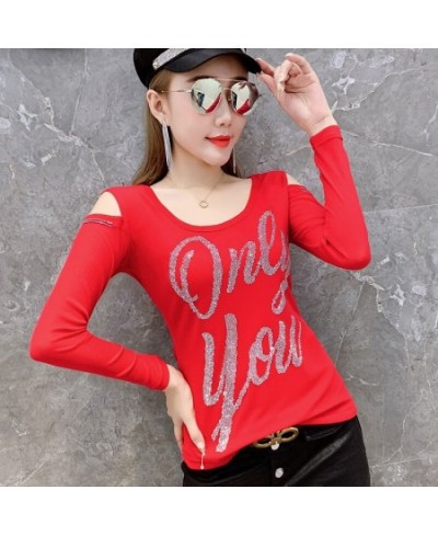 Black Red Off Shoulder T Shirt For Women Diamonds Sexy Backless Long Sleeve T Shirt Hollow Out Basic Mesh Tops Female Thin $3...