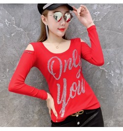 Black Red Off Shoulder T Shirt For Women Diamonds Sexy Backless Long Sleeve T Shirt Hollow Out Basic Mesh Tops Female Thin $3...