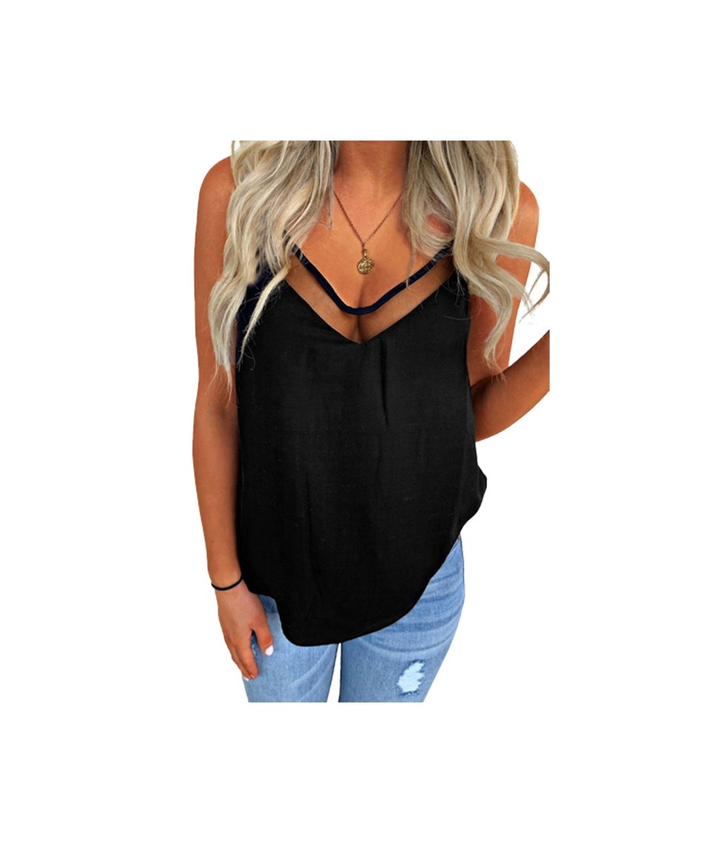 Sexy See-Through Splicing Camisole Women's V Neck Sleeveless Spaghetti Strap Camisole Black Cami Summer Casual Tank Top 2023 ...