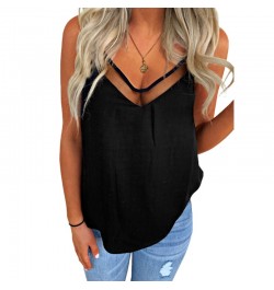 Sexy See-Through Splicing Camisole Women's V Neck Sleeveless Spaghetti Strap Camisole Black Cami Summer Casual Tank Top 2023 ...