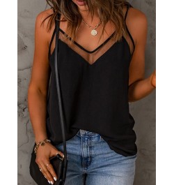 Sexy See-Through Splicing Camisole Women's V Neck Sleeveless Spaghetti Strap Camisole Black Cami Summer Casual Tank Top 2023 ...