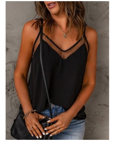 Sexy See-Through Splicing Camisole Women's V Neck Sleeveless Spaghetti Strap Camisole Black Cami Summer Casual Tank Top 2023 ...