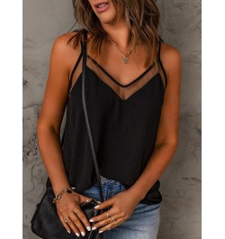 Sexy See-Through Splicing Camisole Women's V Neck Sleeveless Spaghetti Strap Camisole Black Cami Summer Casual Tank Top 2023 ...