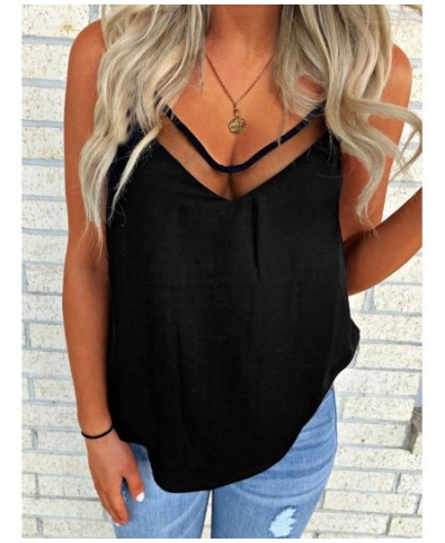 Sexy See-Through Splicing Camisole Women's V Neck Sleeveless Spaghetti Strap Camisole Black Cami Summer Casual Tank Top 2023 ...