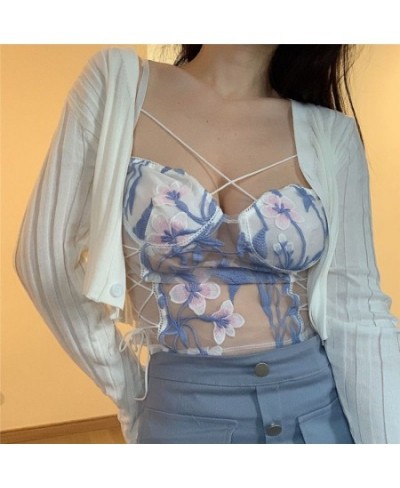 2023 Fashion Summer Thin Strap Top Sexy Crop Top Women's Tube Top Flower Embroidery Lace Up Mesh Sleeveless White Basic Shirt...