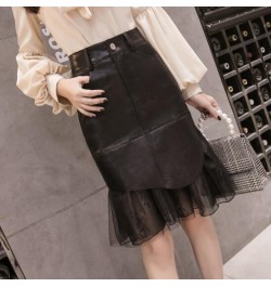 New Mesh Patchwork PU Leather Skirts For Women Winter Vintage Bodycon Mermaid Midi Jupe Femme High Waist Pencil Office Skirt ...