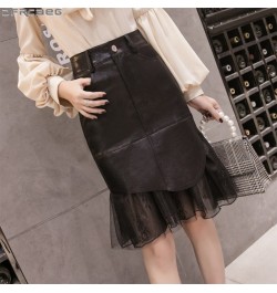 New Mesh Patchwork PU Leather Skirts For Women Winter Vintage Bodycon Mermaid Midi Jupe Femme High Waist Pencil Office Skirt ...