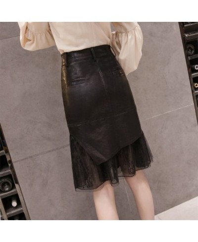 New Mesh Patchwork PU Leather Skirts For Women Winter Vintage Bodycon Mermaid Midi Jupe Femme High Waist Pencil Office Skirt ...