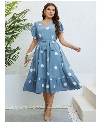 Plus Size Polka Dot Butterfly Sleeve Belted Dress Women Summer Casual High Waist A-line Female Ruffle Hem Sweet Long Dresses ...