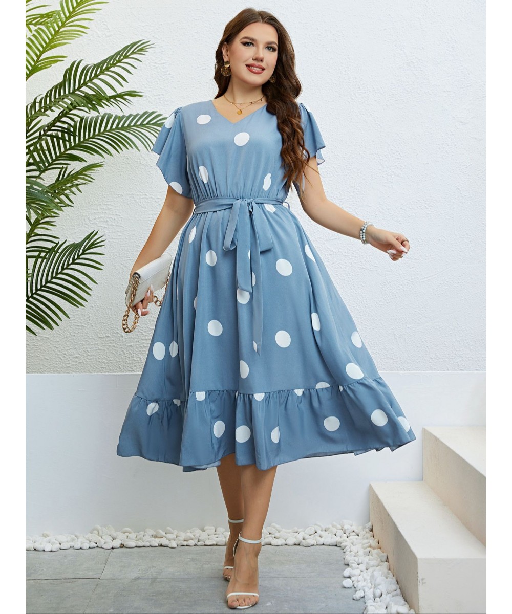 Plus Size Polka Dot Butterfly Sleeve Belted Dress Women Summer Casual High Waist A-line Female Ruffle Hem Sweet Long Dresses ...