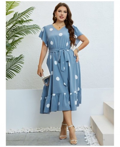 Plus Size Polka Dot Butterfly Sleeve Belted Dress Women Summer Casual High Waist A-line Female Ruffle Hem Sweet Long Dresses ...