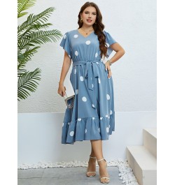 Plus Size Polka Dot Butterfly Sleeve Belted Dress Women Summer Casual High Waist A-line Female Ruffle Hem Sweet Long Dresses ...