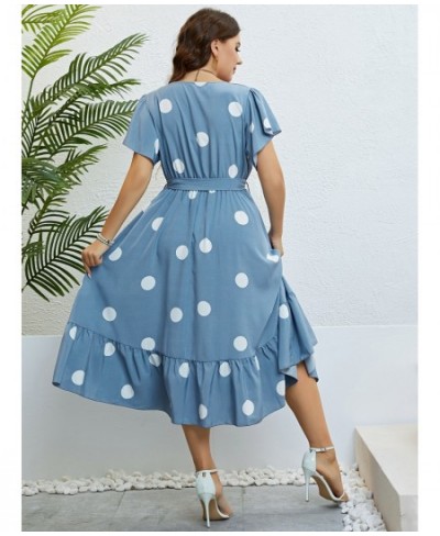 Plus Size Polka Dot Butterfly Sleeve Belted Dress Women Summer Casual High Waist A-line Female Ruffle Hem Sweet Long Dresses ...