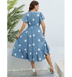 Plus Size Polka Dot Butterfly Sleeve Belted Dress Women Summer Casual High Waist A-line Female Ruffle Hem Sweet Long Dresses ...