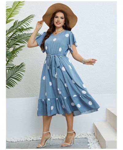 Plus Size Polka Dot Butterfly Sleeve Belted Dress Women Summer Casual High Waist A-line Female Ruffle Hem Sweet Long Dresses ...