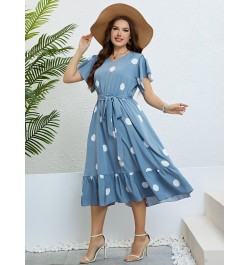 Plus Size Polka Dot Butterfly Sleeve Belted Dress Women Summer Casual High Waist A-line Female Ruffle Hem Sweet Long Dresses ...