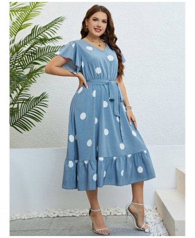 Plus Size Polka Dot Butterfly Sleeve Belted Dress Women Summer Casual High Waist A-line Female Ruffle Hem Sweet Long Dresses ...