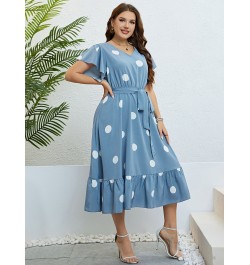 Plus Size Polka Dot Butterfly Sleeve Belted Dress Women Summer Casual High Waist A-line Female Ruffle Hem Sweet Long Dresses ...