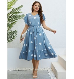 Plus Size Polka Dot Butterfly Sleeve Belted Dress Women Summer Casual High Waist A-line Female Ruffle Hem Sweet Long Dresses ...