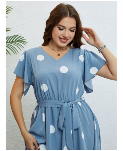 Plus Size Polka Dot Butterfly Sleeve Belted Dress Women Summer Casual High Waist A-line Female Ruffle Hem Sweet Long Dresses ...