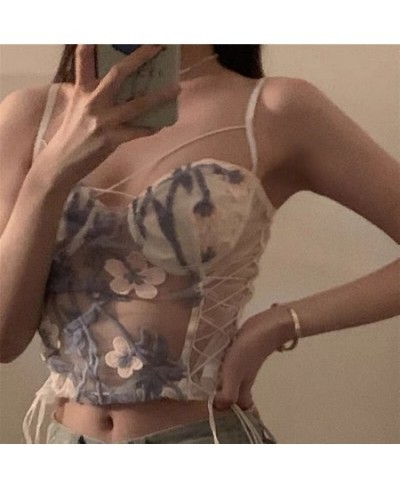 2023 Fashion Summer Thin Strap Top Sexy Crop Top Women's Tube Top Flower Embroidery Lace Up Mesh Sleeveless White Basic Shirt...