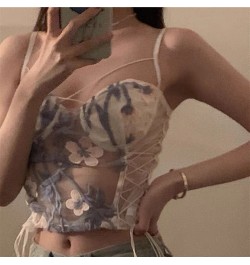 2023 Fashion Summer Thin Strap Top Sexy Crop Top Women's Tube Top Flower Embroidery Lace Up Mesh Sleeveless White Basic Shirt...