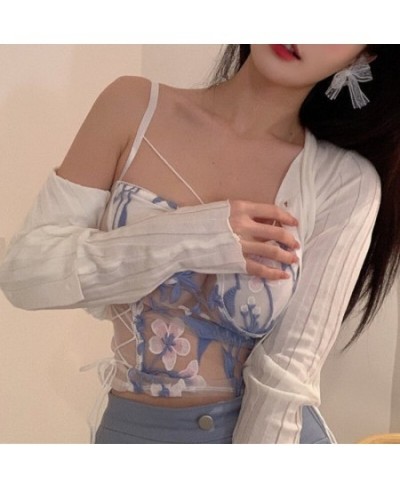 2023 Fashion Summer Thin Strap Top Sexy Crop Top Women's Tube Top Flower Embroidery Lace Up Mesh Sleeveless White Basic Shirt...