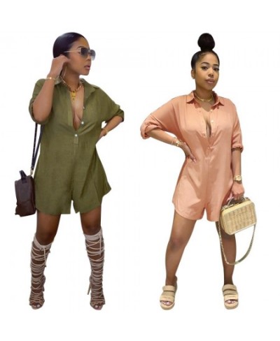 Sexy lady Shirt Lapel Solid Color Loose Jumpsuit pants slim fit women clothes plus size green pink $31.42 - Rompers