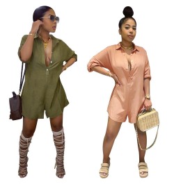 Sexy lady Shirt Lapel Solid Color Loose Jumpsuit pants slim fit women clothes plus size green pink $31.42 - Rompers