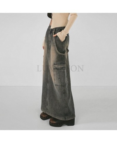 Streetwear Maxi Skirt Retro High-waisted Denim Skirt Unilateral Belt Big Pockets Kawaii Outfits Harajuku Clothes Streetwear Y...