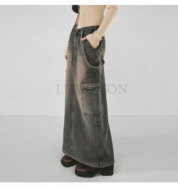 Streetwear Maxi Skirt Retro High-waisted Denim Skirt Unilateral Belt Big Pockets Kawaii Outfits Harajuku Clothes Streetwear Y...