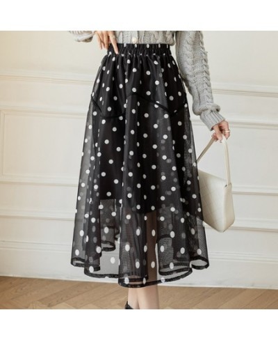 Midi Mesh Skirts Womens Autumn Casual Strechy High Waisted A-Line Skirts Elegant Flocking Polka Dot Print Jupe Femme $45.14 -...