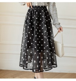 Midi Mesh Skirts Womens Autumn Casual Strechy High Waisted A-Line Skirts Elegant Flocking Polka Dot Print Jupe Femme $45.14 -...