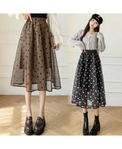 Midi Mesh Skirts Womens Autumn Casual Strechy High Waisted A-Line Skirts Elegant Flocking Polka Dot Print Jupe Femme $45.14 -...