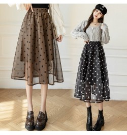 Midi Mesh Skirts Womens Autumn Casual Strechy High Waisted A-Line Skirts Elegant Flocking Polka Dot Print Jupe Femme $45.14 -...