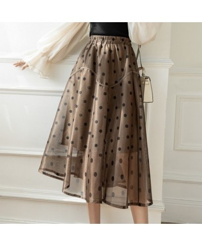 Midi Mesh Skirts Womens Autumn Casual Strechy High Waisted A-Line Skirts Elegant Flocking Polka Dot Print Jupe Femme $45.14 -...