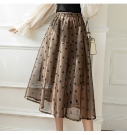 Midi Mesh Skirts Womens Autumn Casual Strechy High Waisted A-Line Skirts Elegant Flocking Polka Dot Print Jupe Femme $45.14 -...