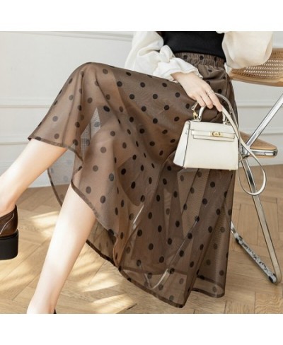 Midi Mesh Skirts Womens Autumn Casual Strechy High Waisted A-Line Skirts Elegant Flocking Polka Dot Print Jupe Femme $45.14 -...