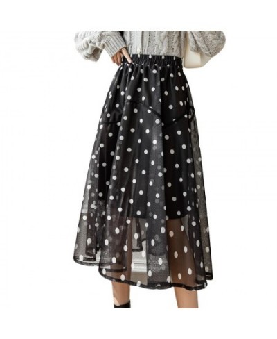 Midi Mesh Skirts Womens Autumn Casual Strechy High Waisted A-Line Skirts Elegant Flocking Polka Dot Print Jupe Femme $45.14 -...