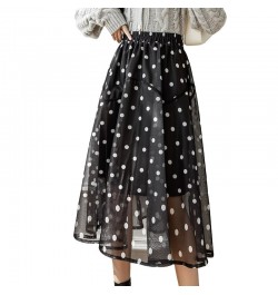 Midi Mesh Skirts Womens Autumn Casual Strechy High Waisted A-Line Skirts Elegant Flocking Polka Dot Print Jupe Femme $45.14 -...