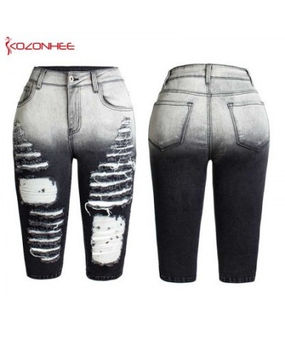 Black and white Stretch Hole Jeans With Mid Waist For Women Ripped Knee Length Pencil Jeans Pants For Female 03 $47.02 - Jeans