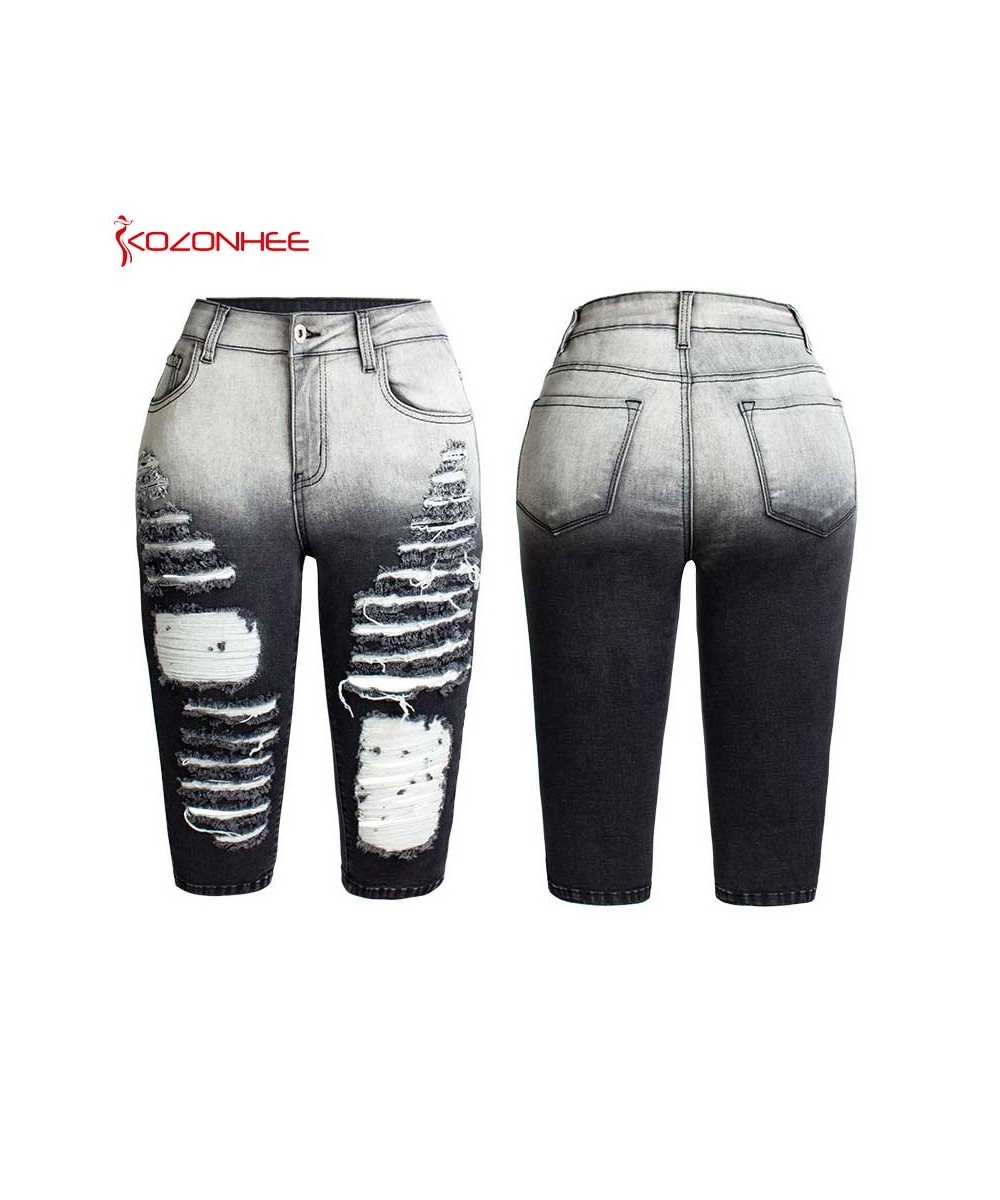 Black and white Stretch Hole Jeans With Mid Waist For Women Ripped Knee Length Pencil Jeans Pants For Female 03 $47.02 - Jeans