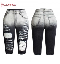 Black and white Stretch Hole Jeans With Mid Waist For Women Ripped Knee Length Pencil Jeans Pants For Female 03 $47.02 - Jeans