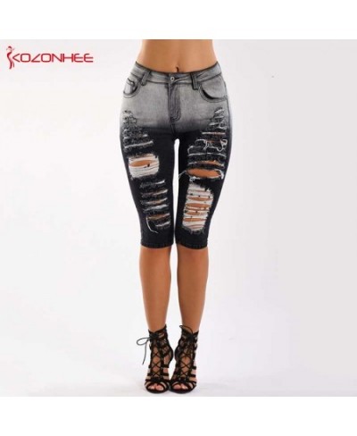 Black and white Stretch Hole Jeans With Mid Waist For Women Ripped Knee Length Pencil Jeans Pants For Female 03 $47.02 - Jeans