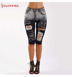 Black and white Stretch Hole Jeans With Mid Waist For Women Ripped Knee Length Pencil Jeans Pants For Female 03 $47.02 - Jeans