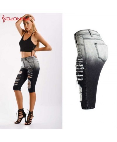 Black and white Stretch Hole Jeans With Mid Waist For Women Ripped Knee Length Pencil Jeans Pants For Female 03 $47.02 - Jeans